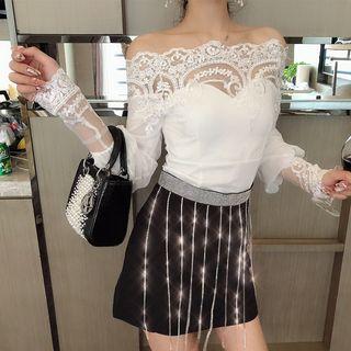 Lace Panel Off-shoulder Long-sleeve Top / Rhinestone A-line Skirt