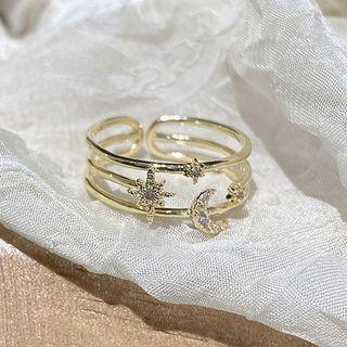 Moon & Star Rhinestone Layered Alloy Open Ring Silver Rhinestone - Gold - One Size