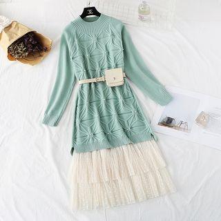 Set: Mock Neck Beaded Long Sweater + Mesh Midi Skirt