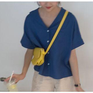 Short-sleeve Plain Blouse Blue - One Size