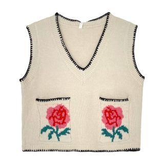 V-neck Flower Jacquard Sweater Vest Almond - One Size