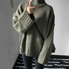 High-neck Plain Long-sleeve Sweater