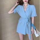 Double Breasted Short-sleeve A-line Dress Aqua Blue - One Size