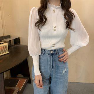 Long-sleeve Mock-neck Knit Blouse