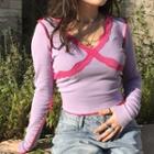 Long Sleeve V Neck Lace Trim Top