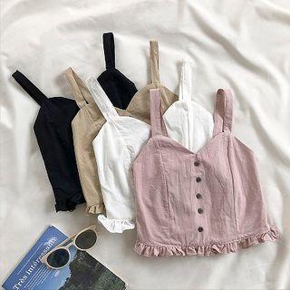 Plain V-neck Ruffled-trim Strap Top