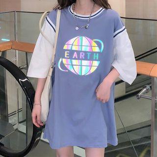 Mock Two-piece Short-sleeve Reflection Printed T-shirt
