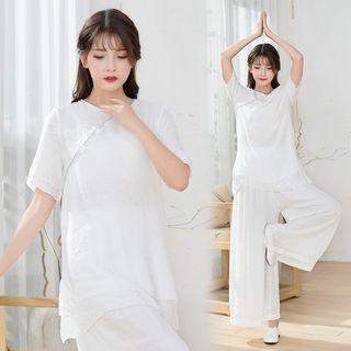 Set: Plain Short-sleeve Hanfu Top + Wide-leg Pants