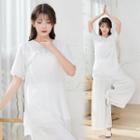 Set: Plain Short-sleeve Hanfu Top + Wide-leg Pants