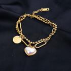 Heart Faux Pearl Layered Stainless Steel Bracelet Gold - One Size