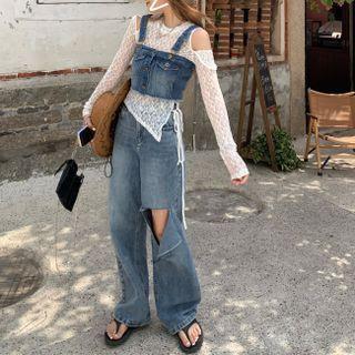 Denim Wide Strap Crop Top / Distressed Wide-leg Jeans / Long-sleeve Lace Top