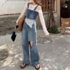 Denim Wide Strap Crop Top / Distressed Wide-leg Jeans / Long-sleeve Lace Top