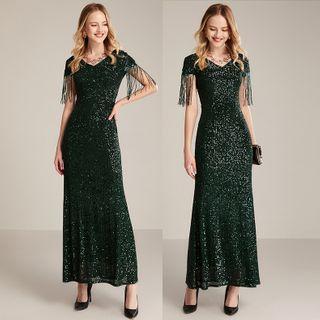 Short-sleeve Fringed Sequined A-line Evening Gown