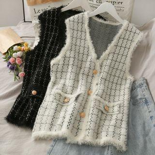 Frayed-trim Button-down Knit Vest