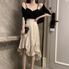 Elbow-sleeve Cardigan / Knit Camisole Top / Ruffle Hem A-line Skirt