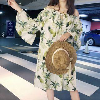 Bell-sleeve Off-shoulder Print A-line Dress
