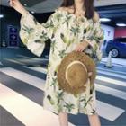 Bell-sleeve Off-shoulder Print A-line Dress