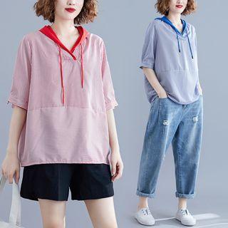 Elbow-sleeve Striped Hooded Blouse