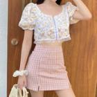 Flower Embroidered Mesh Crop Top / Plaid Mini Pencil Skirt
