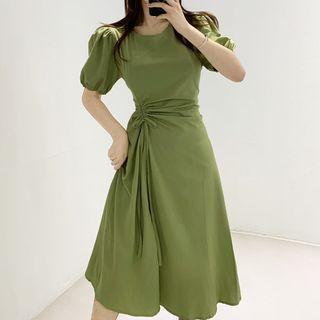 Plain Short Puff Sleeve A-line Dress