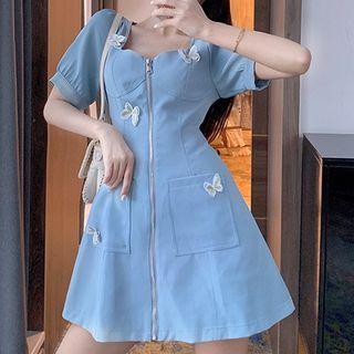 Short-sleeve Butterfly Zip-up Mini Dress