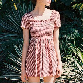 Couple Matching Gingham Swim Shorts / Short-sleeve Smocked Gingham Swimdress