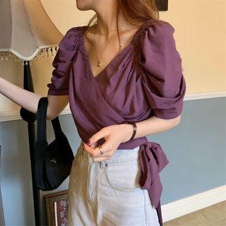 V-neck Puff-sleeve Blouse Purple - One Size