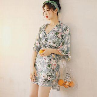 Set: Floral Print Bikini + Elbow-sleeve Beach Dress