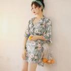 Set: Floral Print Bikini + Elbow-sleeve Beach Dress