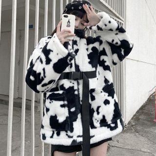 Snap Buckle Cow Print Fleece Jacket