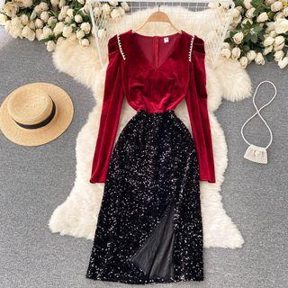 Long-sleeve Sequined Velvet Dress