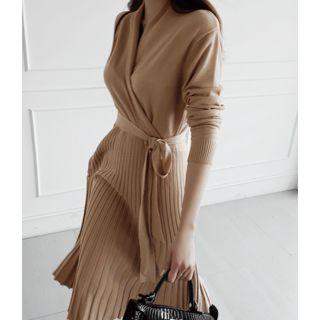 Pleated-hem Wrap-front Knit Dress