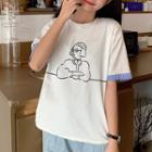 Short-sleeve Striped Trim Cartoon T-shirt As Shown In Figure - One Size