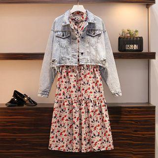 Ripped Cropped Denim Jacket / Balloon-sleeve Floral Print Midi A-line Dress
