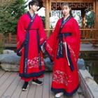 Couple Matching Long-sleeve Embroidered Midi A-line Dress / Sash / Hair Tie / Hanfu Set