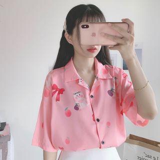 Printed Elbow-sleeve Chiffon Shirt Rabbit - Pink - One Size