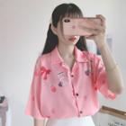 Printed Elbow-sleeve Chiffon Shirt Rabbit - Pink - One Size