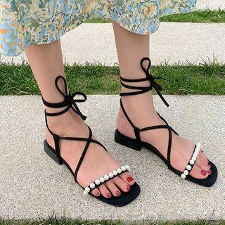 Faux Pearl Crisscross Ankle-strap Flat Sandals