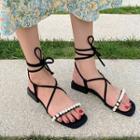 Faux Pearl Crisscross Ankle-strap Flat Sandals