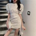 Drawstring Short-sleeve Mini Sheath Dress White - One Size