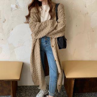 Plain Cable Knit Long-sleeve Knit Maxi Jacket