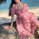 Puff-sleeve Halter-neck V-neck Dress