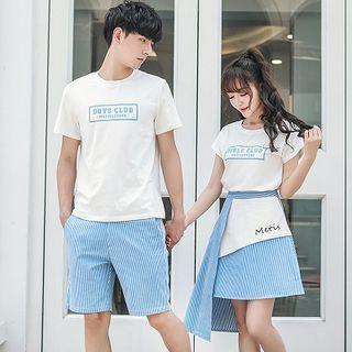 Couple Matching Set: Short-sleeve Lettering T-shirt + Striped Shorts / A-line Skirt