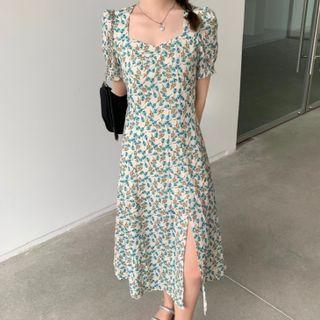 Short-sleeve Square-neck Mini Dress / Midi Dress