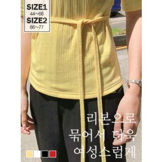 Beribboned Wrap-front Rib-knit Top