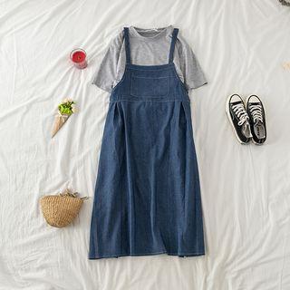 Set: Plain Short-sleeve T-shirt + Denim Jumper Dress