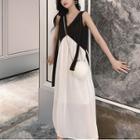 Sleeveless Dotted Panel Midi A-line Chiffon Dress