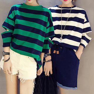 Cutout Sleeve Striped T-shirt