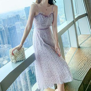 Spaghetti Strap Floral Print Mesh Panel A-line Dress