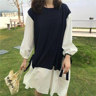 Mock Two-piece Long-sleeve Dress Navy Blue & White - One Size